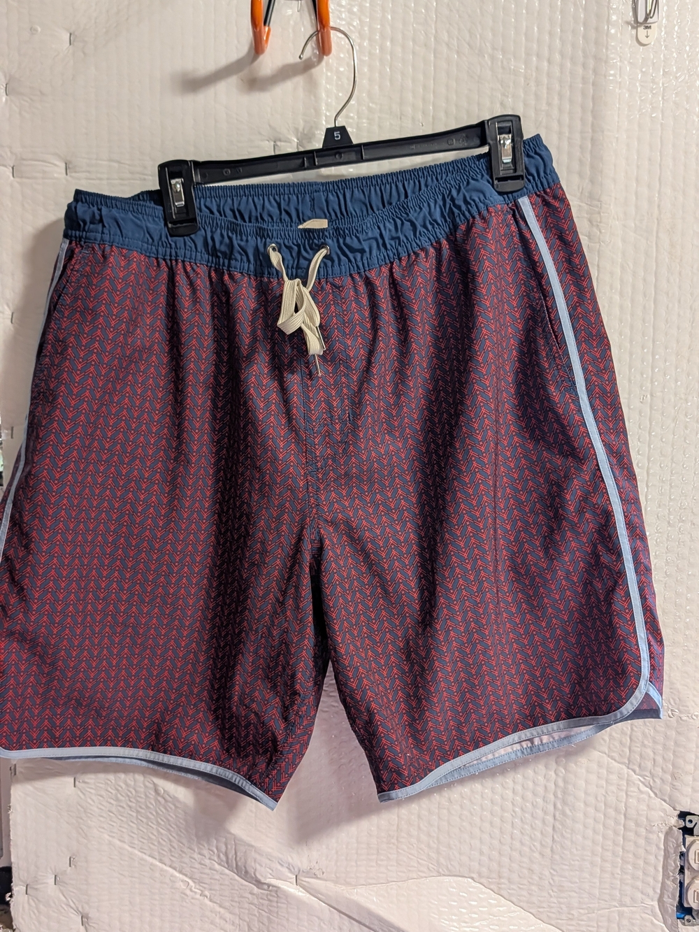 Fair Harbor Red Patterned Swim Board Shorts with Blue Waistband